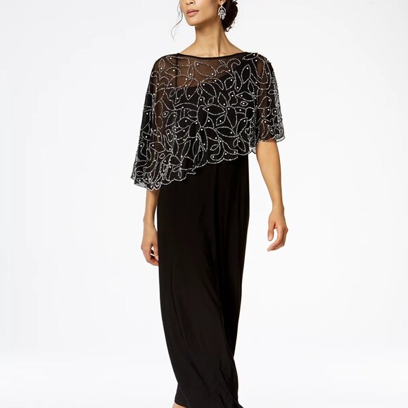 MSK Women's Boat-Neck Embellished-Cape Jersey-Knit Gown Black Size M - Picture 1 of 4